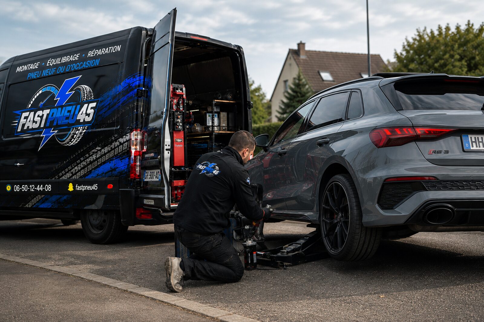 Intervention de montage de pneus devant un domicile